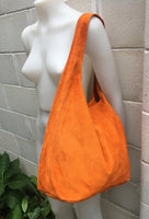 Slouch bag. Large tote leather bag in ORANGE with ZIPPER. Soft natural suede leather shopper bag. Boho orange carry all bag. Large hobo bag