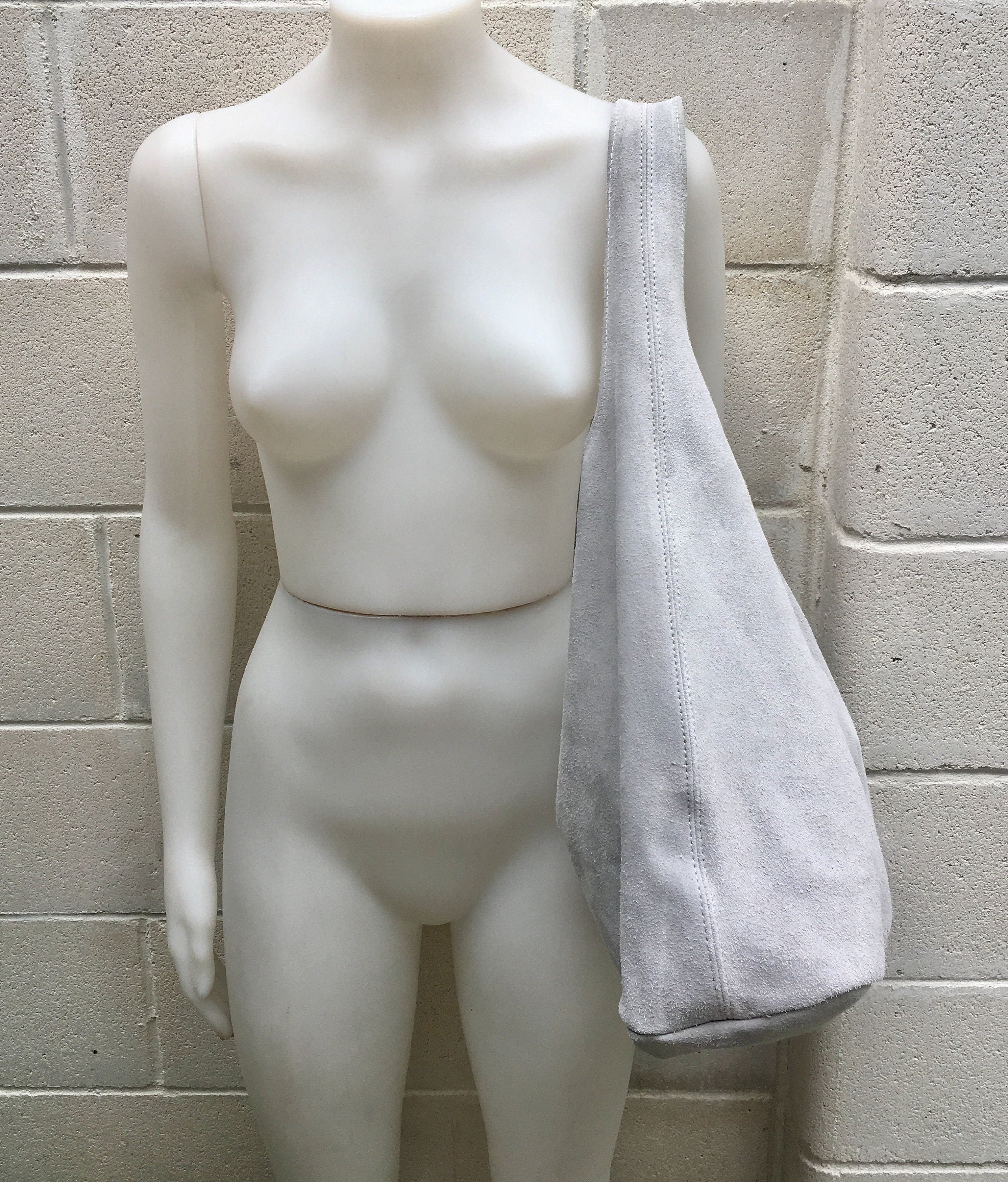 Large SLOUCH leather bag in light GRAY with ZIPPER. Suede tote bag. Soft natural suede bag. Boho bag. Grey suede bag. Laptop or book bag