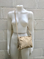 Suede leather bag in light Beige .Cross body bag, shoulder bag in GENUINE leather. Small boho leather bag with zipper and tassel.