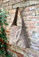 Slouch bag.Large TOTE leather bag in taupe. Light brown soft natural suede leather. Boho bag. Tan brown suede purse. Brown shopper