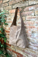 Slouch bag.Large TOTE leather bag in taupe. Soft natural suede leather bag. With ZIPPER. Boho bag. Light brown suede bag. Brown shopper