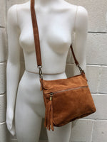 BOHO suede leather bag in camel BROWN. Soft genuine leather bag with tassel. Brown cross over bag,boho bag, crossbody bags in brown.