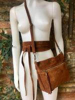 BOHO suede leather cross body bag in dark saddle BROWN with matching belt. Soft natural leather bag and belt in TOBACCO. Dark camel brown.