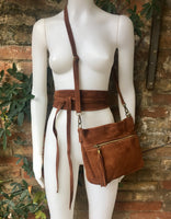 BOHO suede leather cross body bag in dark saddle BROWN with matching belt. Soft natural leather bag and belt in TOBACCO. Dark camel brown.