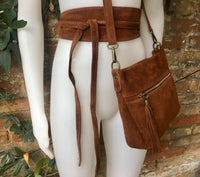 BOHO suede leather cross body bag in dark saddle BROWN with matching belt. Soft natural leather bag and belt in TOBACCO. Dark camel brown.