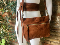 BOHO suede leather cross body bag in dark saddle BROWN with matching belt. Soft natural leather bag and belt in TOBACCO. Dark camel brown.