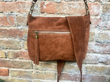 BOHO suede leather cross body bag in dark saddle BROWN with matching belt. Soft natural leather bag and belt in TOBACCO. Dark camel brown.