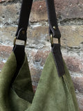 Slouch leather bag in moss GREEN. Hobo shoulder suede bag. Boho shopper bag.Book or tablet bag. Brown leather strap, closed with a zipper