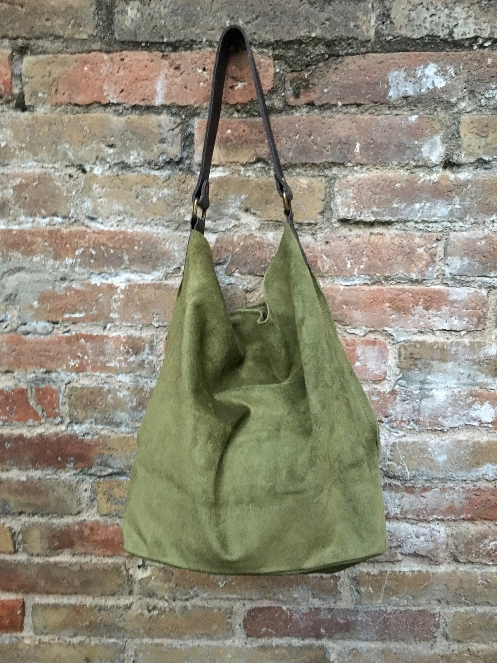 Slouch leather bag in moss GREEN. Hobo shoulder suede bag. Boho shopper bag.Book or tablet bag. Brown leather strap, closed with a zipper