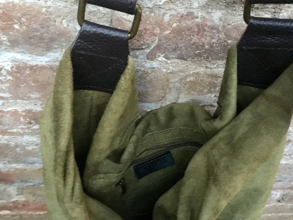 Slouch leather bag in moss GREEN. Hobo shoulder suede bag. Boho shopper bag.Book or tablet bag. Brown leather strap, closed with a zipper