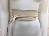 Cream obi belt in soft leather. Wrap belt in light beige. Wide waist belt in genuine leather. Genunine leather wraparound boho dress belt