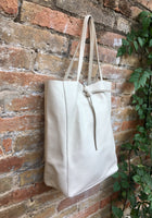 TOTE leather bag in creamy white. Soft GENUINE leather bag. Large light beige leather SHOPPER. Laptop, tablet bag, carry all bag for books