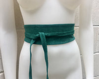 Dark teal green suede OBI belt, SASH in natural soft suede, green wrap waist belt. Wraparound soft obi belt. Very dark turquoise green.