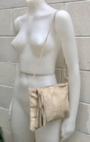 Suede leather bag in light Beige .Cross body bag, shoulder bag in GENUINE leather. Small boho leather bag with zipper and tassel.