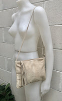 Suede leather bag in light Beige .Cross body bag, shoulder bag in GENUINE leather. Small boho leather bag with zipper and tassel.