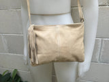 Suede leather bag in light Beige .Cross body bag, shoulder bag in GENUINE leather. Small boho leather bag with zipper and tassel.