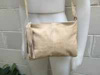 Suede leather bag in light Beige .Cross body bag, shoulder bag in GENUINE leather. Small boho leather bag with zipper and tassel.
