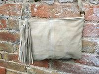 Suede leather bag in light Beige .Cross body bag, shoulder bag in GENUINE leather. Small boho leather bag with zipper and tassel.