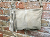 Suede leather bag in light Beige .Cross body bag, shoulder bag in GENUINE leather. Small boho leather bag with zipper and tassel.