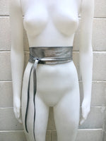 SILVER leather OBI belt. Wide waist belt in soft genuine leather. Metallic shine wraparound belt, boho dress belt in silver color leather.