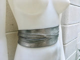 SILVER leather OBI belt. Wide waist belt in soft genuine leather. Metallic shine wraparound belt, boho dress belt in silver color leather.