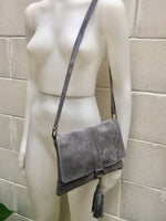 Cross body bag. BOHO suede leather bag in dark GRAY. Soft genuine suede leather. Crossover, messenger bag in suede. Dark GREY leather bag