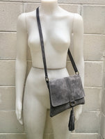 Dark gray crossbody /shoulder bag. BOHO suede leather bag. Soft genuine grey suede leather purse with flap and tassel.