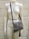 Dark gray crossbody /shoulder bag. BOHO suede leather bag. Soft genuine grey suede leather purse with flap and tassel.