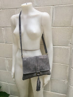 Cross body bag. BOHO suede leather bag in dark GRAY. Soft genuine suede leather. Crossover, messenger bag in suede. Dark GREY leather bag