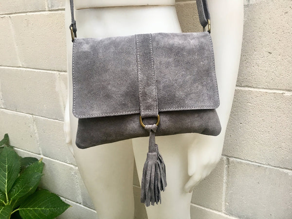 Dark gray crossbody /shoulder bag. BOHO suede leather bag. Soft genuine grey suede leather purse with flap and tassel.