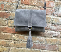 Dark gray crossbody /shoulder bag. BOHO suede leather bag. Soft genuine grey suede leather purse with flap and tassel.