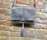 Dark gray crossbody /shoulder bag. BOHO suede leather bag. Soft genuine grey suede leather purse with flap and tassel.