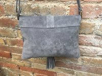 Cross body bag. BOHO suede leather bag in dark GRAY. Soft genuine suede leather. Crossover, messenger bag in suede. Dark GREY leather bag