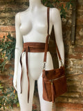 BOHO suede leather cross body bag in dark saddle BROWN with matching belt. Soft natural leather bag and belt in TOBACCO. Dark camel brown.