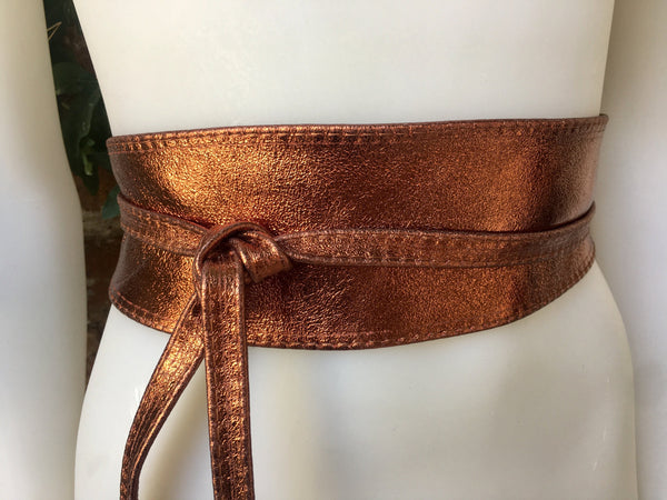 COPPER OBI belt in natural soft leather. Waist belt, wide leather belt, metallic copper leather wrap belt, boho wraparound belt, copper sash