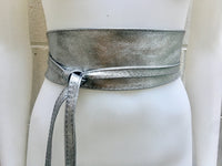 SILVER leather OBI belt. Wide waist belt in soft genuine leather. Metallic shine wraparound belt, boho dress belt in silver color leather.