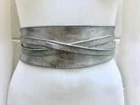 SILVER leather OBI belt. Wide waist belt in soft genuine leather. Metallic shine wraparound belt, boho dress belt in silver color leather.