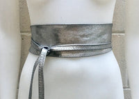 SILVER leather OBI belt. Wide waist belt in soft genuine leather. Metallic shine wraparound belt, boho dress belt in silver color leather.