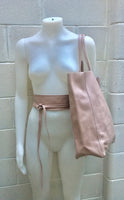 Tote leather bag in PINK with belt. Soft natural GENUINE leather bag + belt set. Large brown leather shopper. Computer, tablet or Laptop bag