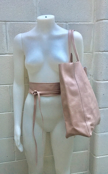 Tote leather bag in PINK with belt. Soft natural GENUINE leather bag + belt set. Large brown leather shopper. Computer, tablet or Laptop bag