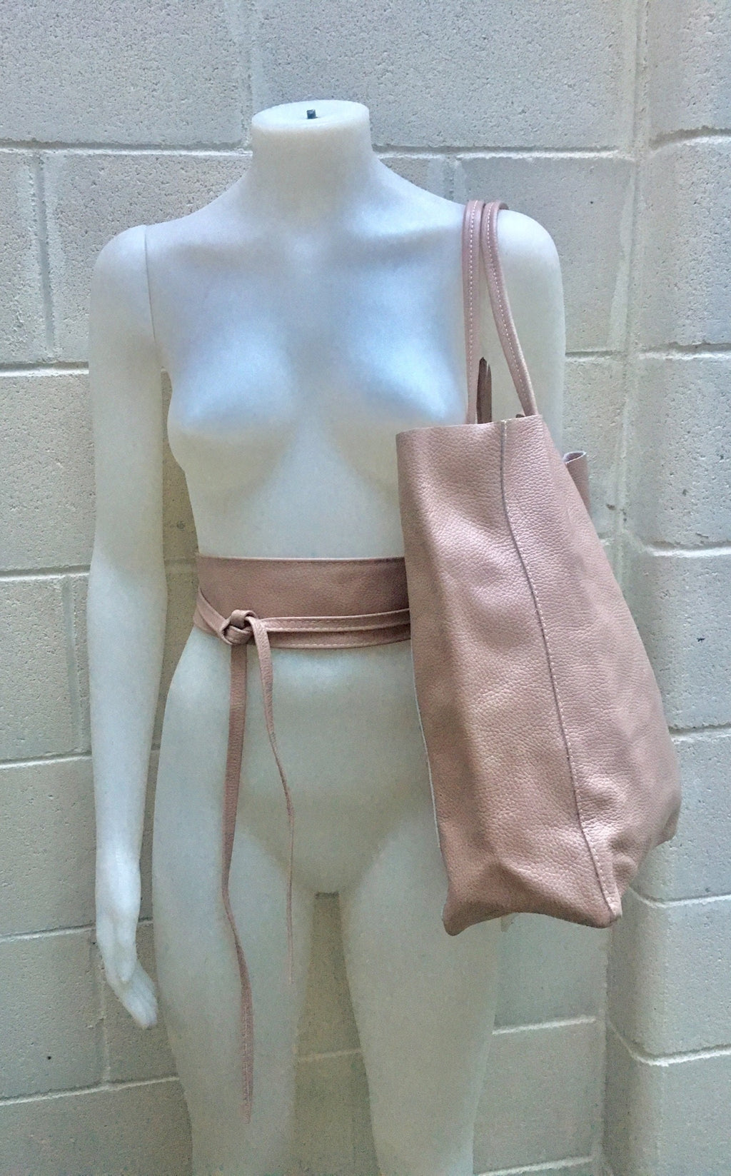 Tote leather bag in PINK with belt. Soft natural GENUINE leather bag + belt set. Large brown leather shopper. Computer, tablet or Laptop bag