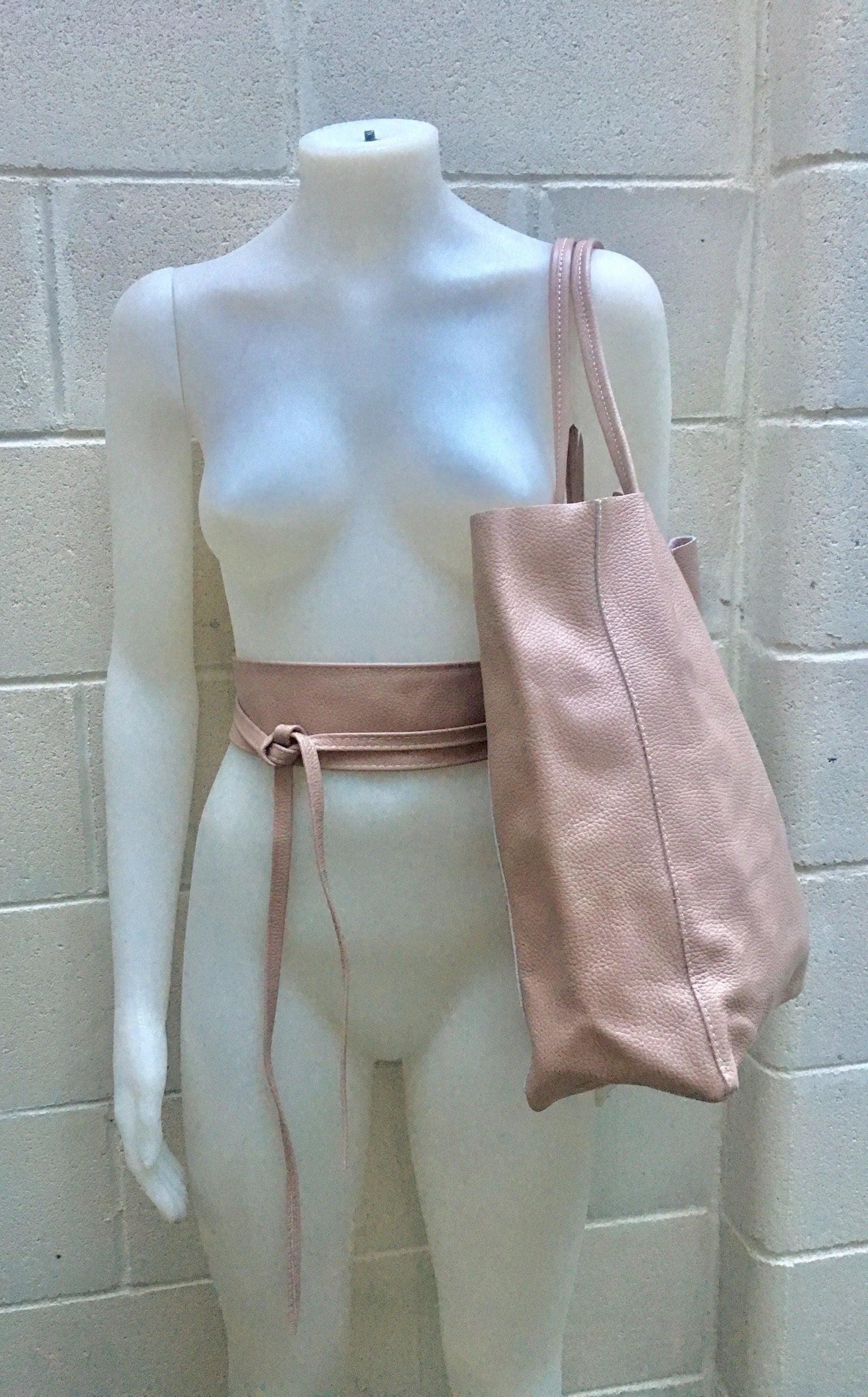 Tote leather bag in PINK with belt. Soft natural GENUINE leather bag + belt set. Large brown leather shopper. Computer, tablet or Laptop bag