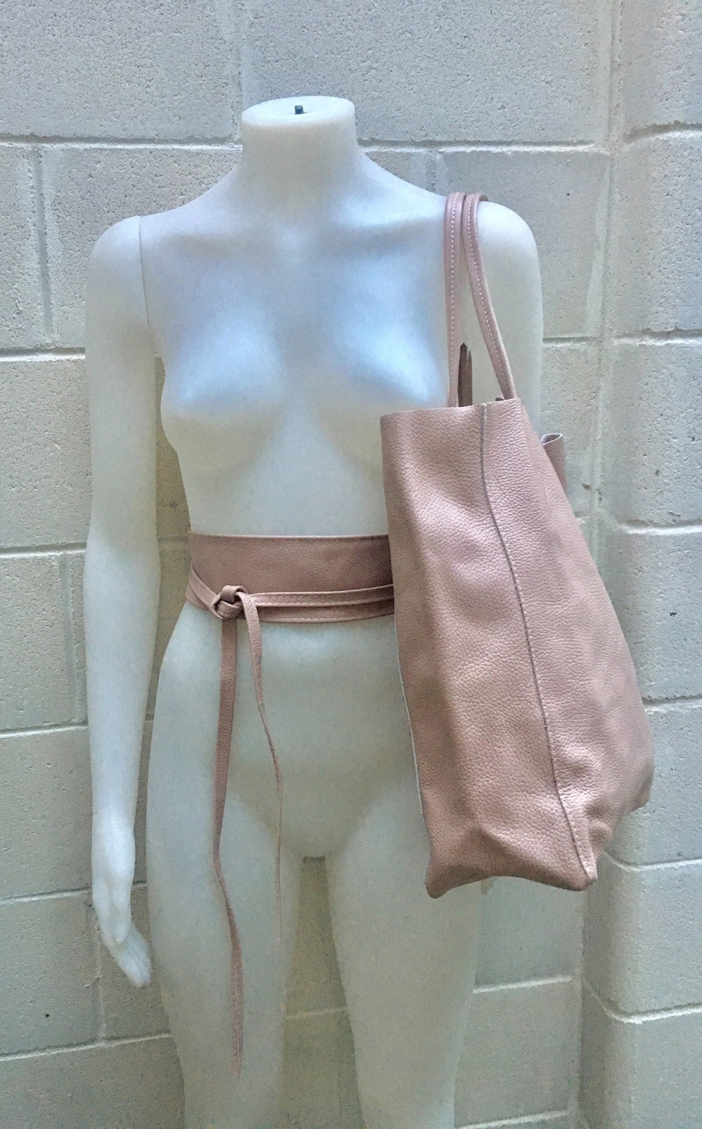 Tote leather bag in PINK with belt. Soft natural GENUINE leather bag + belt set. Large brown leather shopper. Computer, tablet or Laptop bag
