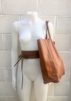 Tote bag in camel BROWN with belt.Soft natural GENUINE leather bag + belt set. Large brown leather bag. Computer, tablet or Laptop bag.