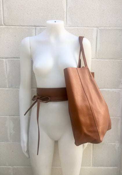 Tote bag in camel BROWN with belt.Soft natural GENUINE leather bag + belt set. Large brown leather bag. Computer, tablet or Laptop bag.