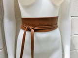 Obi belt in soft leather. Dark CAMEL BROWN wrap belt. TOBACCO waist belt. Wraparound belt in brown genuine leather. Saddle brown cinch belt