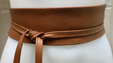 Obi belt in soft leather. Dark CAMEL BROWN wrap belt. TOBACCO waist belt. Wraparound belt in brown genuine leather. Saddle brown cinch belt