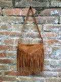 Cross body bag. BOHO suede leather bag in CAMEL brown with FRINGES. Messenger bag in soft genuine suede leather. Crossbody hippy bag