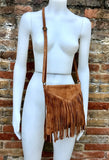 Cross body bag. BOHO suede leather bag in CAMEL brown with FRINGES. Messenger bag in soft genuine suede leather. Crossbody hippy bag