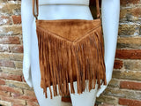 Cross body bag. BOHO suede leather bag in CAMEL brown with FRINGES. Messenger bag in soft genuine suede leather. Crossbody hippy bag